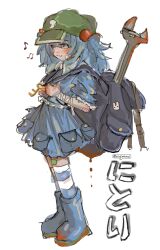 Rule 34 | 1girl, absurdres, artist name, backpack, bag, bandages, bandaid, bandaid on arm, blood, blood drop, blood stain, blue eyes, blue footwear, blue hair, blush, boots, commentary request, dripping, eighth note, fang, full body, green hat, hair between eyes, hair bobbles, hair ornament, hat, highres, kawashiro nitori, key, light smile, long hair, looking to the side, messy hair, musical note, simple background, skin fang, socks, solo, standing, striped clothes, striped socks, touhou, two side up, white background, wrench, wwparasi