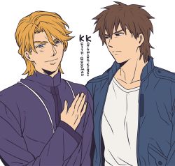 Rule 34 | 2boys, bad id, bad pixiv id, blonde hair, blue eyes, blue jacket, bomber jacket, brown eyes, brown hair, character name, cosplay, costume switch, crossover, fate/zero, fate (series), flat color, jacket, jewelry, keith goodman, kotomine kirei, male focus, multiple boys, necklace, tiger &amp; bunny, white background, zihad