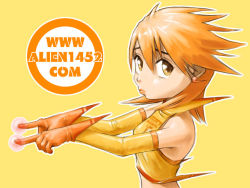 Rule 34 | 1girl, alien1452, brown eyes, earrings, gloves, jewelry, lips, orange hair, original, pointing, red hair, short hair, solo, yellow background, yellow theme