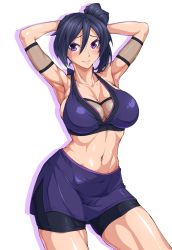 Rule 34 | 10s, 1girl, alternate breast size, armband, armpits, arms behind head, arms up, bare shoulders, bike shorts, black hair, black shorts, blush, bra, breasts, cleavage, closed mouth, collarbone, commentary request, contrapposto, cowboy shot, fishnets, fujisawa aya (gundam build divers), gundam, gundam build divers, hair between eyes, highres, large breasts, looking at viewer, medium hair, medium skirt, midriff, muscular, muscular female, navel, nib pen (medium), ozaneko, purple bra, purple eyes, purple skirt, shadow, shiny skin, shorts, side ponytail, simple background, skirt, smile, solo, standing, stomach, thick thighs, thighs, traditional media, underwear, white background