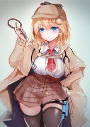 Rule 34 | 1girl, blonde hair, blue eyes, bow, breasts, brown coat, brown thighhighs, coat, cowboy shot, grey background, hand on own hip, hat, hat bow, high-waist skirt, highres, holding, holding magnifying glass, hololive, hololive english, holster, large breasts, looking at viewer, mafuyu (kanden shoujyo), magnifying glass, miyuki rei, necktie, parted lips, plaid, plaid skirt, pocket watch, red necktie, short necktie, sketch, skirt, solo, stethoscope, syringe, syringe holster, thigh holster, thighhighs, thighs, trench coat, vignetting, virtual youtuber, watch, watson amelia, watson amelia (1st costume), zettai ryouiki