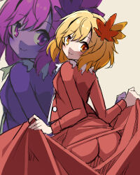Rule 34 | 1girl, aki shizuha, ass, blonde hair, brown background, closed mouth, commentary request, creek (moon-sky), from behind, highres, jacket, long sleeves, looking at viewer, looking back, open clothes, open jacket, orange eyes, red jacket, red skirt, simple background, skirt, skirt hold, smile, solo, touhou, zoom layer