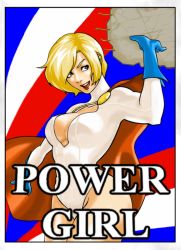 Rule 34 | 1girl, alien, blonde hair, blue eyes, breasts, cape, character name, cleavage, cleavage cutout, clothing cutout, dc comics, female focus, gloves, kryptonian, leotard, open mouth, power girl, red cape, short hair, solo, tetrachord