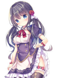 Rule 34 | 1girl, bad id, bad pixiv id, black hair, black shirt, black thighhighs, blue eyes, bow, breasts, cleavage, closed mouth, clothes lift, flower, hair between eyes, hair flower, hair ornament, head tilt, heart, highres, lifting own clothes, long hair, looking at viewer, low twintails, medium breasts, original, pleated skirt, puffy short sleeves, puffy sleeves, red bow, red flower, red rose, rose, shirt, short sleeves, simple background, skirt, skirt lift, solo, thighhighs, tsuruse, twintails, very long hair, white background, white skirt
