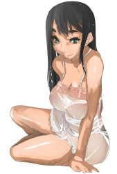 Rule 34 | 1girl, black eyes, black hair, breasts, chiisan, highres, large breasts, long hair, looking at viewer, nightgown, simple background, solo, sweat, white background