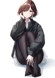 Rule 34 | 1girl, absurdres, black jacket, black pantyhose, brown hair, dorsiflexion, frown, glaring, hair ornament, hairclip, hairpin, hand on own face, highres, higuchi madoka, idolmaster, idolmaster shiny colors, jacket, knees to chest, long sleeves, looking at viewer, medium hair, mole, mole under eye, nail polish, pantyhose, pink eyes, pink nails, pleated skirt, ritug36k, school uniform, simple background, sitting, skirt, solo, uniform, v-shaped eyebrows, white background, white skirt