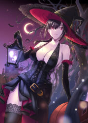 Rule 34 | 1girl, armpit crease, bare shoulders, bat (animal), belt, black dress, black gloves, black hair, black headwear, black thighhighs, braid, branch, breasts, castle, cleavage, closed mouth, commentary request, cowboy shot, crescent moon, cross-laced slit, dress, dutch angle, elbow gloves, ghost, gloves, gradient sky, halloween, halter dress, halterneck, hat, highres, holding, holding lantern, lace, lace-trimmed headwear, lace-trimmed thighhighs, lace trim, lantern, large breasts, looking at viewer, medium hair, moon, nakajima yuka, night, original, pumpkin, red eyes, single braid, sky, solo, thighhighs, witch hat