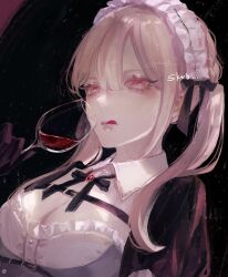 Rule 34 | 1girl, :q, belt, black belt, black gloves, black sleeves, blonde hair, breasts, chest belt, cleavage, cup, drinking glass, gem, gloves, highres, indie virtual youtuber, kazari apero, long hair, maid, maid headdress, medium breasts, pink eyes, qluyi, red gemstone, solo, tongue, tongue out, twintails, virtual youtuber, white headdress, wine glass
