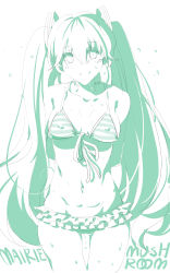 Rule 34 | 1girl, absurdres, arms behind back, artist name, bad id, bad pixiv id, bikini, bikini top only, breasts, covered erect nipples, front-tie top, green theme, groin, hatsune miku, highres, long hair, marie mushroom, monochrome, navel, small breasts, smile, solo, striped bikini, striped bikini top, striped clothes, sweat, swimsuit, twintails, vocaloid