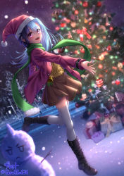 Rule 34 | 1girl, black footwear, blue hair, blurry, blurry background, boots, box, brown skirt, christmas, christmas tree, floating hair, fur-trimmed headwear, fur trim, gift, gift box, green scarf, grey thighhighs, gyatto624, hair between eyes, hat, highres, jacket, knee boots, long hair, long sleeves, miniskirt, night, open clothes, open jacket, original, outdoors, purple eyes, red hat, ribbed sweater, santa hat, scarf, skirt, snowing, snowman, solo, standing, standing on one leg, sweater, thighhighs, twitter username, watermark, winter, yellow sweater, zettai ryouiki