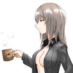 Rule 34 | 1girl, animal print, bad id, bad pixiv id, bear print, blue eyes, boko (girls und panzer), breasts, cleavage, closed mouth, coffee mug, commentary, cup, dress shirt, girls und panzer, grey shirt, half-closed eyes, highres, holding, holding cup, insignia, itsumi erika, kuromorimine school uniform, light frown, long sleeves, medium breasts, medium hair, mug, no bra, open clothes, open shirt, school uniform, shirt, silver hair, simple background, solo, steam, upper body, white background, yaegashi isa