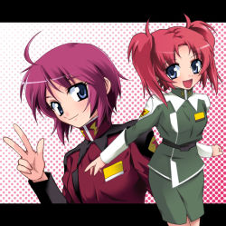 Rule 34 | 00s, 2girls, :d, ahoge, blue eyes, blush, gradient background, gundam, gundam seed, gundam seed destiny, hair between eyes, halftone, letterboxed, looking at viewer, looking back, lunamaria hawke, meyrin hawke, multiple girls, nippori, open mouth, outstretched arms, parted bangs, pencil skirt, polka dot, polka dot background, purple hair, red hair, shirt, short hair, short twintails, siblings, sisters, skirt, smile, spread arms, standing, turtleneck, twintails, uniform, upper body, v