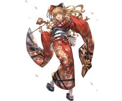 Rule 34 | 10s, 1girl, blonde hair, floral print, flower, full body, granblue fantasy, hair flower, hair ornament, holding, japanese clothes, kimono, looking at viewer, minaba hideo, obi, open mouth, petals, ponytail, ribbon, sandals, sash, simple background, smile, solo, tabi, transparent background, vira (granblue fantasy), wide sleeves