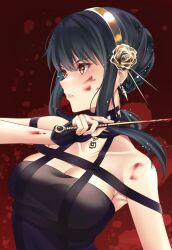 Rule 34 | 1girl, bare arms, black dress, black hair, blood, blood on face, bloody weapon, breasts, cleavage, collarbone, dress, floating hair, flower, hair between eyes, hair flower, hair ornament, hairband, highres, holding, holding weapon, large breasts, parted lips, red background, red eyes, rose, short hair with long locks, sidelocks, sleeveless, sleeveless dress, solo, spy x family, upper body, wanzi (99wanzi99), weapon, yellow flower, yellow hairband, yellow rose, yor briar