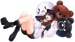 Rule 34 | 1girl, :d, absurdres, ankimo (tokino sora), balloon, baseball cap, black choker, black footwear, black hat, black hoodie, black shorts, blue eyes, blush, bobby socks, boots, brown hair, character balloon, choker, commentary, cross-laced footwear, dutch angle, english commentary, fuwanian, hair flaps, hat, high heel boots, high heels, highres, holding, holding balloon, hololive, hood, hood down, hoodie, jewelry, lace-up boots, lace socks, long hair, long sleeves, looking at viewer, necklace, nun nun (tokino sora), o-ring, o-ring choker, official alternate hairstyle, open mouth, platform boots, platform footwear, platform heels, short shorts, shorts, simple background, smile, socks, solo, star (symbol), star necklace, tokino sora, tokino sora (streetwear), two-tone hoodie, variant set, virtual youtuber, white background, white hoodie