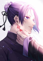 Rule 34 | 1boy, absurdres, blue lock, bun cover, chinese clothes, closed mouth, earrings, hair bun, hand up, highres, jewelry, male focus, mikage reo, mocha (w-mocha95), nagi seishirou, out of frame, purple eyes, purple hair, purple shirt, shirt, short eyebrows, short hair, sleeves past wrists, smile, solo focus, twitter username, white background