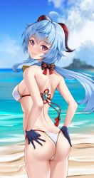 Rule 34 | 1girl, ahoge, ass, back, bare shoulders, beach, bell, bikini, black gloves, blue hair, blurry, blurry background, bow, bowtie, breasts, chinese knot, colored tips, cowboy shot, flower knot, from behind, ganyu (genshin impact), genshin impact, gloves, goat horns, hair between eyes, hands on own ass, highres, horns, long hair, looking at viewer, looking back, low ponytail, matrix16, medium breasts, multicolored hair, neck bell, outdoors, purple eyes, red rope, rope, sideboob, sidelocks, smile, solo, swimsuit, thighs, water, wedgie, white bikini
