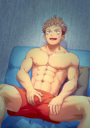 Rule 34 | 1boy, :d, abs, absurdres, between legs, bulge, collarbone, commentary request, commission, couch, crotch grab, facial mark, hand between legs, hand on own thigh, highres, indoors, itadori yuuji, jujutsu kaisen, looking at viewer, male focus, navel, nipples, on couch, open mouth, pectorals, pillow, pink hair, red eyes, red shorts, rikigo, shiny skin, short hair, short shorts, shorts, sitting, smile, solo, spiked hair, spread legs, toned, toned male, topless male