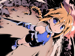 Rule 34 | 1girl, ahoge, bike shorts, blonde hair, blouse, blue eyes, blue footwear, blue gloves, blue shirt, bodysuit, boots, braid, commentary request, covered navel, crotch plate, elbow gloves, from above, girl with a blonde braid (tomoshibi hidekazu), gloves, long hair, looking up, original, ponytail, shirt, shorts, single braid, sleeveless, sleeveless shirt, solo, sword, tentacles, tomoshibi hidekazu, very long hair, weapon