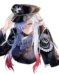 Rule 34 | 1girl, absurdres, aiguillette, armor, azur lane, black coat, black hat, blue eyes, braid, breasts, closed mouth, coat, commentary, cross, english commentary, expressionless, french braid, hair between eyes, hair over one eye, hand on headwear, hat, highres, iron cross, lips, long hair, long sleeves, looking at viewer, medium breasts, military, military hat, military uniform, multicolored hair, odin (azur lane), peaked cap, red hair, silver hair, simple background, solo, streaked hair, twitter username, two-tone hair, uniform, upper body, usatorii, white background