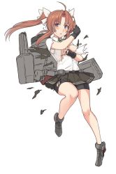 Rule 34 | 1girl, ahoge, ankle boots, bike shorts, black gloves, blush, boots, bow, breasts, brown hair, character request, collared shirt, exploding clothes, fingerless gloves, floating hair, full body, gloves, green ribbon, grey skirt, hair bow, hands up, kagerou (kancolle), kagerou kai ni (kancolle), kantai collection, long hair, looking at viewer, machinery, medium breasts, neck ribbon, parted bangs, parted lips, pleated skirt, ribbon, rigging, shirt, shiseki hirame, simple background, skirt, solo, torn clothes, torn shirt, twintails, white background, white bow, wing collar
