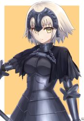 Rule 34 | 1girl, armor, armored dress, artist name, blonde hair, border, breasts, capelet, chain, closed mouth, fate/grand order, fate (series), gauntlets, headpiece, jeanne d&#039;arc (fate), jeanne d&#039;arc alter (avenger) (fate), jeanne d&#039;arc alter (fate), looking at viewer, medium breasts, nayuhi (yukimuu14), orange background, short hair, signature, simple background, solo, upper body, white border, yellow eyes