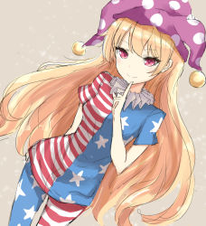 Rule 34 | 1girl, american flag dress, american flag legwear, arm behind back, bad id, bad pixiv id, blonde hair, blush, brown background, closed mouth, clownpiece, coraman, cowboy shot, dress, dutch angle, hat, index finger raised, jester cap, long hair, looking at viewer, neck ruff, pantyhose, pink eyes, polka dot, polka dot headwear, print pantyhose, purple hat, short dress, short sleeves, simple background, smile, solo, standing, star (symbol), star print, striped clothes, striped dress, striped pantyhose, touhou, tsurime, very long hair