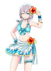 Rule 34 | 1girl, ;), alternate costume, apron, bare shoulders, bead necklace, beads, bikini, blue bikini, blue bow, blue eyes, blue thighhighs, bow, braid, breasts, cleavage, closed mouth, collarbone, flower, front-tie top, groin, hair bow, hibiscus, highres, izayoi sakuya, jewelry, maid headdress, medium breasts, navel, necklace, one eye closed, sakizaki saki-p, sarong, silver hair, single thighhigh, smile, solo, stomach, swimsuit, thighhighs, touhou, twin braids, waist apron, white background, wrist cuffs