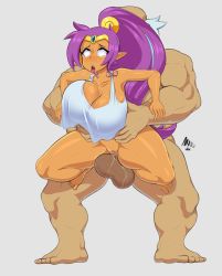 Rule 34 | 1boy, 1girl, ahegao, bottomless, breasts, dark skin, earrings, hair ornament, hetero, highres, huge breasts, jewelry, pointy ears, purple hair, sex, shantae, shantae (series), tagme, testicles, thighs, tongue, tongue out, uncensored