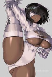Rule 34 | 1girl, alternate skin color, artist name, ass, black hair, blindfold, breasts, curvy, dark-skinned female, dark skin, flexible, gluteal fold, highres, huge breasts, large breasts, leg up, leotard, lips, mole, mole under mouth, nier, nier (series), nier:automata, noxcuro, short hair, signature, solo, thick thighs, thighhighs, thighs, underboob, white background, white blindfold, white leotard, 2p (nier:automata)