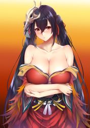 Rule 34 | 1girl, ahoge, arms under breasts, azur lane, bare shoulders, black hair, blush, breasts, cleavage, collarbone, commentary request, crossed arms, crossed bangs, facing viewer, feathers, hair between eyes, hair ornament, japanese clothes, kimono, large breasts, long hair, looking at viewer, mask, mask on head, no bra, red eyes, red kimono, red ribbon, ribbon, sash, standing, taihou (azur lane), twintails, very long hair, zucchini