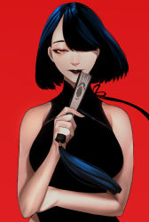 Rule 34 | 1girl, bare arms, bare shoulders, black dress, black hair, black lips, bob cut, breasts, china dress, chinese clothes, closed mouth, commentary, dress, english commentary, folded fan, folding fan, hair over one eye, half-closed eye, hand fan, holding, holding fan, looking at viewer, medium breasts, milk-doll, original, red background, red eyes, short hair, simple background, sleeveless, sleeveless dress, solo, upper body