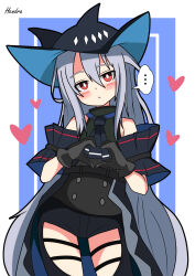 Rule 34 | ..., 1girl, absurdres, arknights, arm cuffs, ascot, black dress, black gloves, black hair, black hat, black pantyhose, blue background, blush, border, bright pupils, cape, clothing cutout, commentary request, dress, gloves, grey hair, hat, heart, heart hands, hendra, highres, inset border, light frown, long hair, looking at viewer, pantyhose, red eyes, signature, simple background, skadi (arknights), skadi (elite ii) (arknights), solo, spoken ellipsis, thigh cutout, very long hair, white pupils