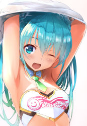 Rule 34 | 1girl, aqua eyes, aqua hair, armpits, arms up, clothes writing, daidou (demitasse), goodsmile racing, hatsune miku, long hair, looking at viewer, one eye closed, open mouth, race queen, solo, upper body, vocaloid