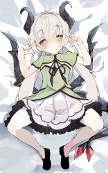 Rule 34 | 1girl, :o, aqua eyes, bed sheet, black footwear, blush, breasts, capelet, double v, dragon girl, dragon horns, dragon tail, dragon wings, dress, fiiria-chaso (ayanue), full body, green capelet, green dress, hair between eyes, highres, horns, knees apart feet together, long hair, looking at viewer, low wings, lying, medium dress, on back, original, pantyhose, parted lips, petite, shoes, small breasts, solo, strapless, strapless dress, tail, teranekosu, twintails, v, variant set, white hair, white pantyhose, wings