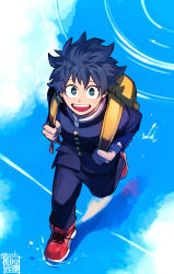 Rule 34 | 1boy, absurdres, aged down, alternate eye color, alternate hair color, artist name, backpack, bag, blue eyes, blue hair, blue jacket, blue pants, blue sky, blue theme, boku no hero academia, brown hair, buttons, carrying bag, cloud, day, freckles, from above, full body, gakuran, grin, happy, highres, holding strap, jacket, looking at viewer, male focus, midoriya izuku, open mouth, outdoors, pants, red footwear, reflection, ripples, running, school uniform, shoes, short hair, signature, sky, smile, sneakers, solo, splashing, twitter username, water, wide-eyed, yazaki (yazakc)