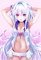 Rule 34 | 1girl, absurdres, ahoge, alternate costume, armpits, arms behind head, bikini, blush, breasts, cleavage, collarbone, fate/grand order, fate/grand order arcade, fate (series), hair ornament, highres, long hair, looking at viewer, medium breasts, merlin (fate/prototype), merlin (fate/prototype) (second ascension), messy hair, nagishy, navel, open mouth, pink background, purple eyes, silver hair, solo, swimsuit, very long hair, vest, white bikini, white vest
