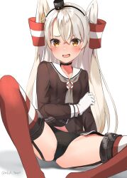 Rule 34 | 1girl, amatsukaze (kancolle), black garter straps, black panties, breasts, brown dress, brown eyes, cameltoe, cleft of venus, dress, garter straps, gloves, grey neckerchief, hair between eyes, hair tubes, hat, highres, kantai collection, long hair, looking at viewer, looking back, makiyuki, mini hat, neckerchief, panties, red thighhighs, sailor dress, short dress, single glove, sitting, small breasts, smokestack hair ornament, solo, spread legs, striped clothes, striped thighhighs, thighhighs, two side up, underwear, very long hair, white gloves, white hair