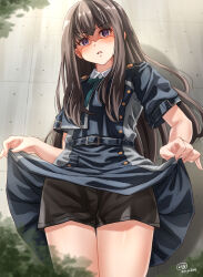 Rule 34 | 1girl, absurdres, artist name, black hair, black shorts, blue dress, blue ribbon, clothes lift, collared shirt, commentary, cowboy shot, day, dress, dress lift, duplicate, frown, glaring, grey dress, half-closed eyes, highres, inoue takina, lifted by self, long hair, looking at viewer, lycoris recoil, lycoris uniform, neck ribbon, open mouth, outdoors, pixel-perfect duplicate, pleated dress, purple eyes, ribbon, shirt, short dress, short shorts, short sleeves, shorts, shorts under dress, signature, solo, standing, straight hair, sunlight, twitter username, two-tone dress, yomo