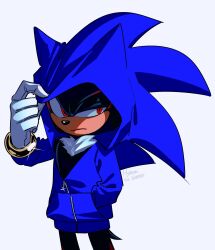 Rule 34 | 1boy, adjusting clothes, blue hoodie, commentary, frown, furry, furry male, hand in pocket, highres, hood, hoodie, hyeon sonic, male focus, red eyes, shadow the hedgehog, simple background, solo, sonic (series), symbol-only commentary, white background