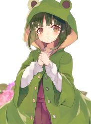 Rule 34 | 10s, 1girl, brown eyes, flower, frown, green hair, hood, hydrangea, kantai collection, own hands together, raincoat, short hair, shugao, simple background, solo, takanami (kancolle)