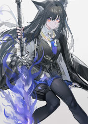 Rule 34 | 1girl, absurdres, animal ears, arknights, black hair, black jacket, black pantyhose, blue necktie, blue shorts, commentary request, echj, feet out of frame, grey background, highres, holding, holding sword, holding weapon, jacket, long hair, looking at viewer, necktie, orange eyes, pantyhose, short shorts, shorts, simple background, sitting, solo, sword, texas (arknights), texas the omertosa (arknights), very long hair, weapon, wolf ears