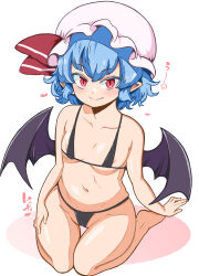 Rule 34 | 1girl, absurdres, areola slip, arm support, bad anatomy, bad proportions, bare legs, barefoot, bat wings, blue hair, blush, breasts, closed mouth, collarbone, commentary request, fang, fang out, from above, hand on own leg, hat, hat ribbon, heart, highres, himajin noizu, looking at viewer, medium breasts, messy hair, mob cap, navel, pointy ears, red eyes, remilia scarlet, ribbon, short hair, simple background, sitting, slit pupils, smile, solo, star (symbol), touhou, upturned eyes, wariza, white background, wings