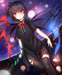 Rule 34 | 1girl, asymmetrical wings, black dress, black hair, black thighhighs, cowboy shot, dress, dutch angle, gradient eyes, highres, houjuu nue, knees together feet apart, light particles, looking at viewer, multicolored eyes, otokuyou, pink eyes, polearm, red eyes, red footwear, revision, shoes, short sleeves, snake, solo, thigh gap, thighhighs, tomoe (symbol), touhou, trident, weapon, wings, zettai ryouiki