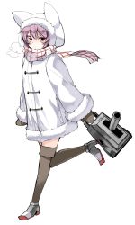 Rule 34 | 1girl, adapted object, animal hood, arms at sides, bag, blush, breath, brown socks, cannon, closed mouth, coat, full body, fur trim, high heels, highres, holding, hood, kantai collection, kneehighs, long sleeves, looking at viewer, mittens, ohta yuichi, pink hair, red eyes, scarf, simple background, socks, solo, standing, standing on one leg, tama (kancolle), walking, white background, winter clothes, winter coat