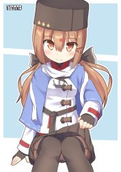 Rule 34 | 1girl, anchor, black bow, blue shawl, boots, bow, brown hair, brown thighhighs, closed mouth, clothes lift, fingerless gloves, fur hat, gloves, hair between eyes, hair ornament, hairclip, hat, highres, jacket, kantai collection, lifting own clothes, long hair, looking at viewer, low twintails, pantyhose, papakha, pepatiku, red eyes, red shirt, scarf, shawl, shirt, sitting, skirt, skirt lift, smile, solo, tashkent (kancolle), thigh boots, thighhighs, twintails, white jacket, white scarf