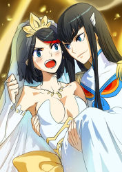 Rule 34 | 10s, 2girls, bare shoulders, black hair, blue eyes, blush, breasts, carrying, detached sleeves, dress, earrings, embarrassed, epaulettes, eye contact, fang, female focus, gloves, hair ornament, hime cut, jewelry, junketsu, kill la kill, killedcat, kiryuuin satsuki, long hair, looking at another, matoi ryuuko, multicolored hair, multiple girls, naughty face, neck, necklace, open mouth, princess carry, red hair, short hair, shy, smile, strapless, strapless dress, teeth, two-tone hair, veil, wedding dress, white dress, yuri