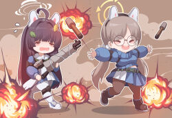 Rule 34 | 2girls, animal ears, black footwear, black hair, black pantyhose, blue archive, blue serafuku, blue skirt, blush stickers, bolt action, breasts, chibi, closed eyes, commentary, english commentary, explosion, fake animal ears, fuyu no usagi, glasses, green neckerchief, grey hair, gun, halo, headgear, highres, holding, holding gun, holding weapon, large breasts, long hair, long sleeves, miniskirt, miyu (blue archive), moe (blue archive), mosin-nagant, multiple girls, neckerchief, open mouth, outstretched arms, pantyhose, pleated skirt, puffy long sleeves, puffy sleeves, rabbit ears, rifle, round eyewear, sailor collar, school uniform, serafuku, shoes, skirt, sneakers, spread arms, tears, teeth, twintails, upper teeth only, very long hair, weapon, white footwear, white halo, white pantyhose, white sailor collar, yellow halo