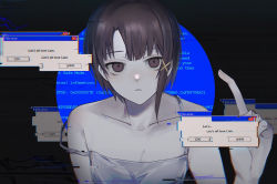 Rule 34 | 1girl, 75mm sad, androgynous, asymmetrical hair, bare shoulders, blue screen of death, brown eyes, brown hair, collarbone, dress, error message, facing viewer, flat chest, glitch, hair ornament, index finger raised, iwakura lain, long fingers, looking at viewer, pale skin, parted bangs, parted lips, serial experiments lain, short hair, short hair with long locks, sidelocks, single sidelock, solo, strap slip, white dress, window (computing), x hair ornament