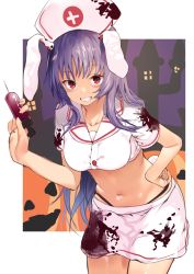 Rule 34 | 1girl, alternate costume, asuzemu, black panties, blood, blood on clothes, border, breasts, building, collarbone, commentary request, cowboy shot, crop top, grin, hand on own hip, hand up, hat, highleg, highleg panties, highres, holding, holding syringe, jack-o&#039;-lantern, large breasts, leaning forward, long hair, looking at viewer, midriff, miniskirt, navel, nurse cap, outside border, panties, purple hair, purple sky, rabbit tail, red eyes, reisen udongein inaba, shirt, short sleeves, skirt, sky, smile, solo, standing, stomach, syringe, tail, thighs, touhou, underwear, very long hair, white border, white shirt, white skirt